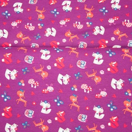 Jersey bawełniany - zwierzątka na fioletowym tle